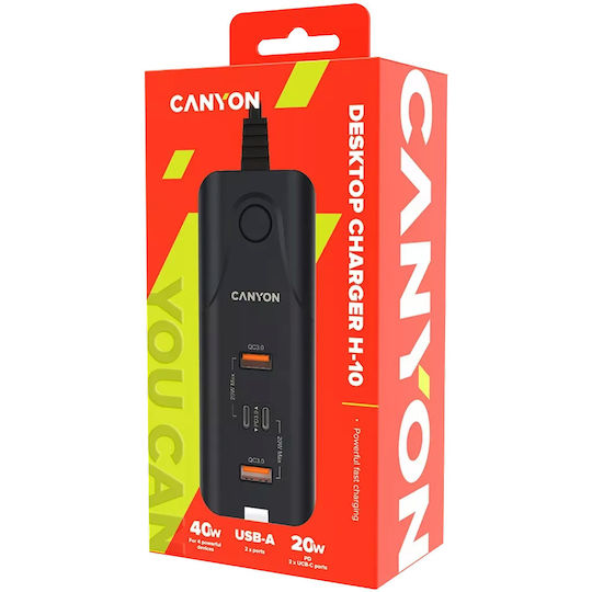 Canyon Suport de Încărcare cu 2 Porturi USB-A și 2 Porturi USB-C 20W Livrarea energiei / Quick Charge 3.0 în culoarea Negru (H-10)