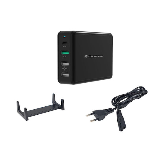 Conceptronic Charging Stand with 3 USB-A Ports and USB-C Port 65W Power Delivery / Quick Charge 3.0 in Black color (OZUL01B)