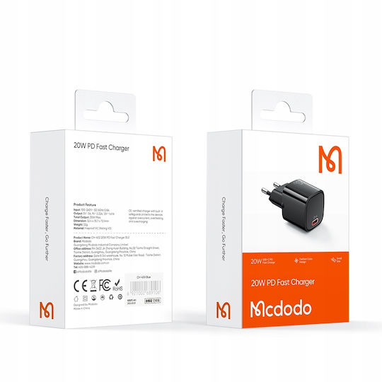 Mcdodo Φορτιστής Χωρίς Καλώδιο με Θύρα USB-C 20W Power Delivery Μαύρος (CH-4021)