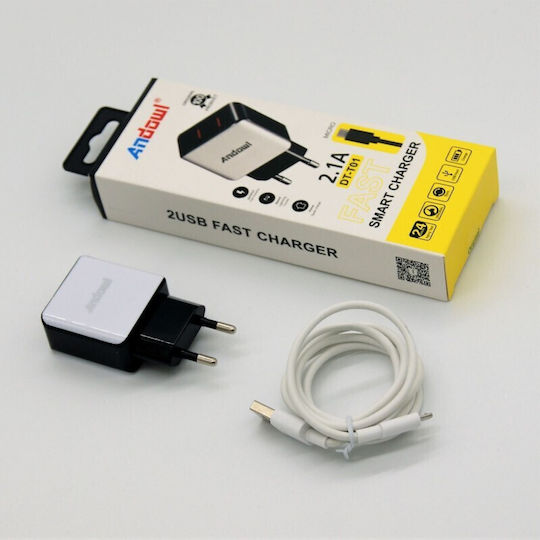 Andowl Încărcător cu 2 Porturi USB-A și Cablu micro USB Albς (DT-T01)
