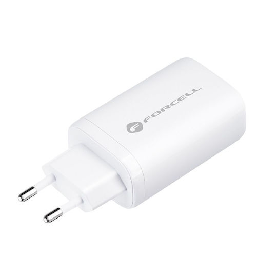 Forcell GaN Wireless Charger with USB-A Port and 2 USB-C Output Ports 65W Power Delivery / Quick Charge 4.0 White