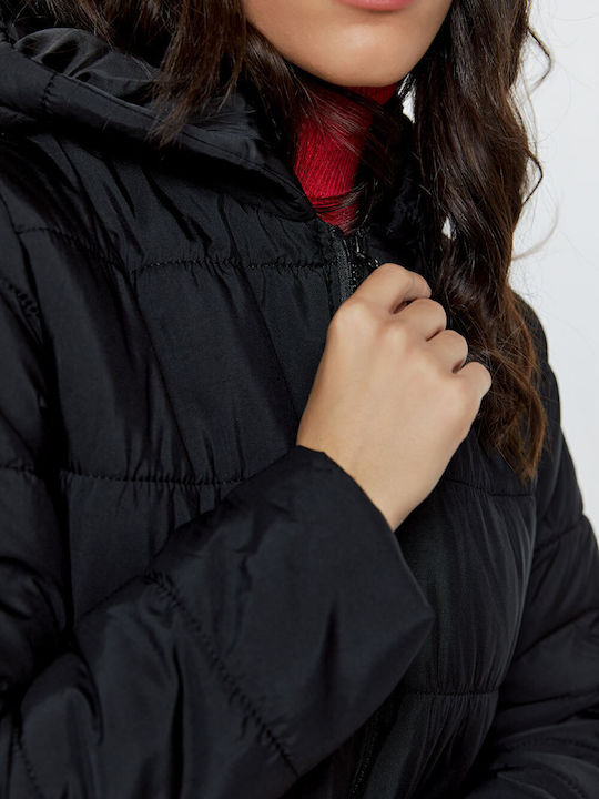 Women's Short Puffer Jacket for Winter with Hood Black