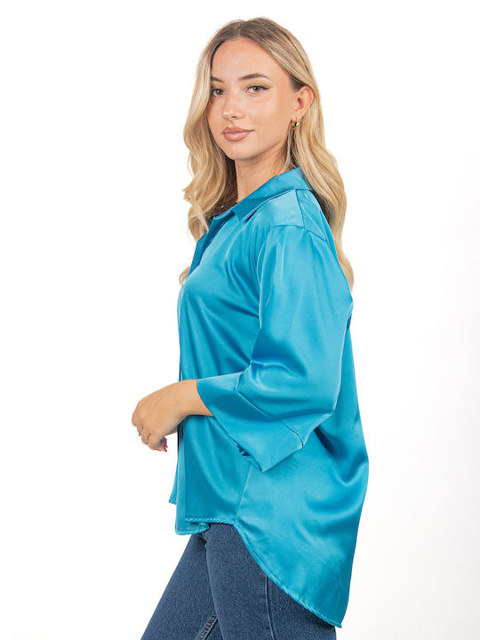 Ellen Langärmelig Damen Satin Hemd Blue