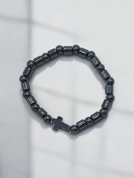 Elastic Hematite Bracelet with Alternating Cylindrical Beads and Cross in the Middle