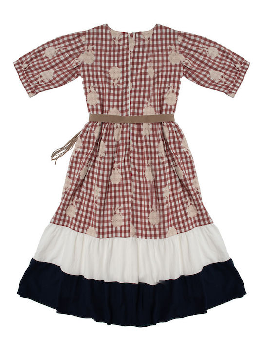 Kid Dress Plaid Print Belt Dark Blue