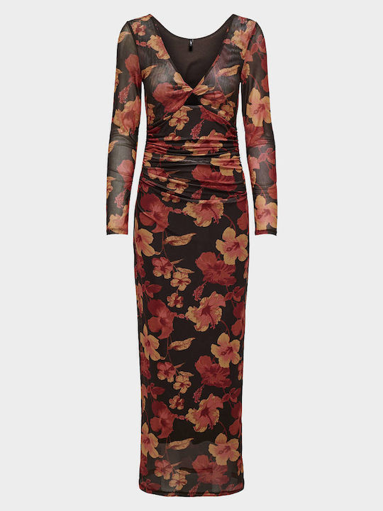 Maxi Evening Dress with Mesh Black Coffee Multicolour