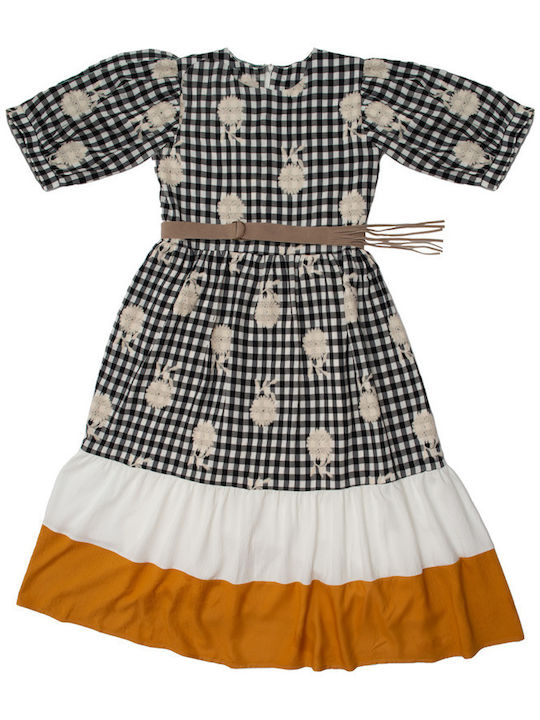 Mädchenkleid Karomuster Gürtel Senfgelb