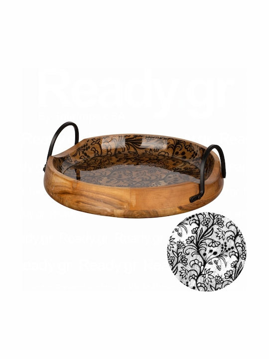 Ready Wooden Round Serving Tray with Handles in Black Color 35x35x12.5cm 1pcs