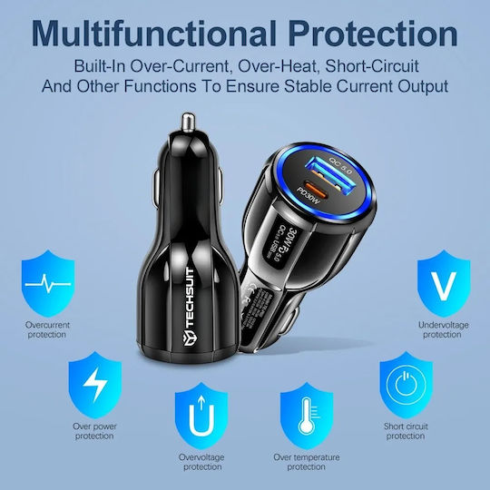 Techsuit Premium Auto-Ladegerät 30W mit Anschlüssen: 1xUSB 1xType-C Schwarz Farbe