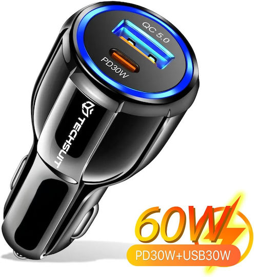 Techsuit Premium Auto-Ladegerät 30W mit Anschlüssen: 1xUSB 1xType-C Schwarz Farbe