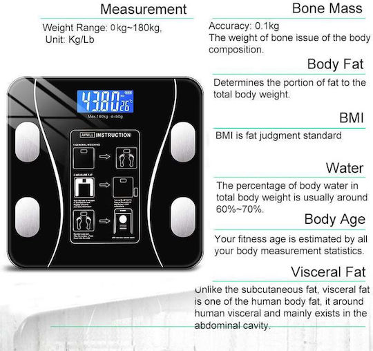 Cântar Inteligent pentru Corp Termometru Diagnostic USB Bluetooth Aplicație Fitness Sticlă Călită LCD Negru