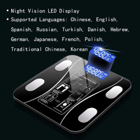 Cântar Inteligent pentru Corp Termometru Diagnostic USB Bluetooth Aplicație Fitness Sticlă Călită LCD Negru