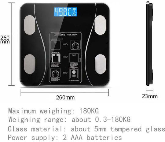 Cântar Inteligent pentru Corp Termometru Diagnostic USB Bluetooth Aplicație Fitness Sticlă Călită LCD Negru