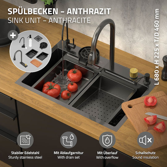 Einbauspüle 68x46 cm Wasserhahn Komplettset 8-teilig Edelstahl Anthrazit Ml Design