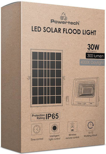 Powertech Στεγανός Ηλιακός Προβολέας LED 30W Φυσικό Λευκό 4000K με Φωτοκύτταρο και Τηλεχειριστήριο IP65