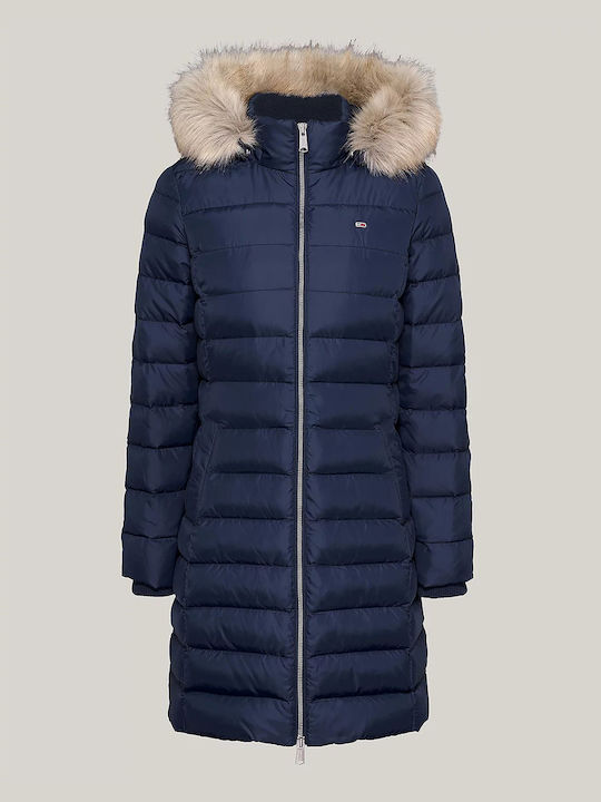 Women's Short Puffer Jacket for Winter with Detachable Hood Dark Blue