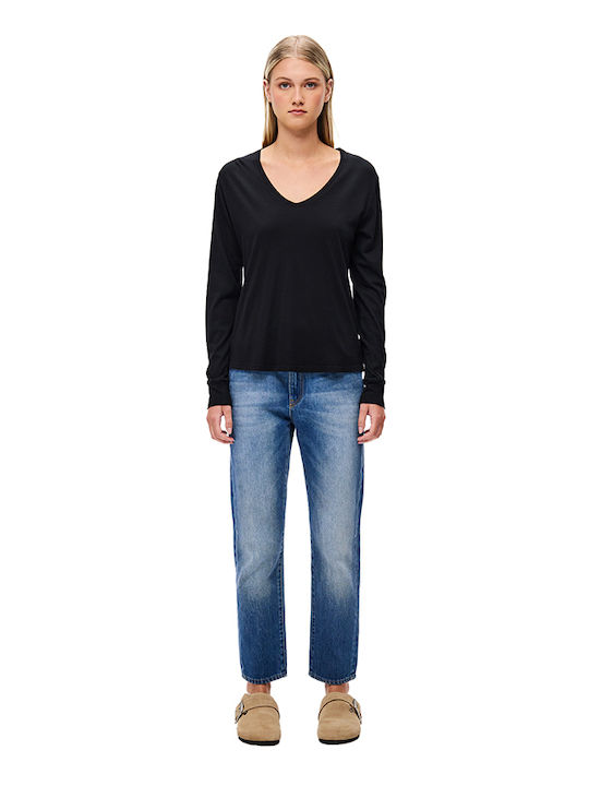 Dirty Laundry Women's Blouse Cotton Long Sleeve with V Neckline Black