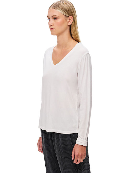 Women's Blouse Cotton Long Sleeve with V Neckline White