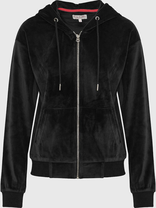 Long Women's Sweatshirt Jacket Velvet Hooded Black