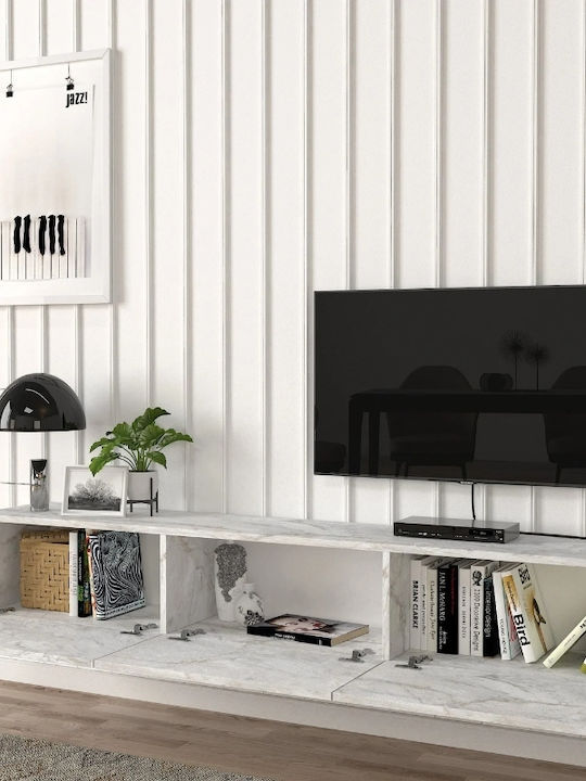 TV Stand Damla Made of Metal & Wood with LED Lighting White Marble Effect L180xD29.5xH29.5cm