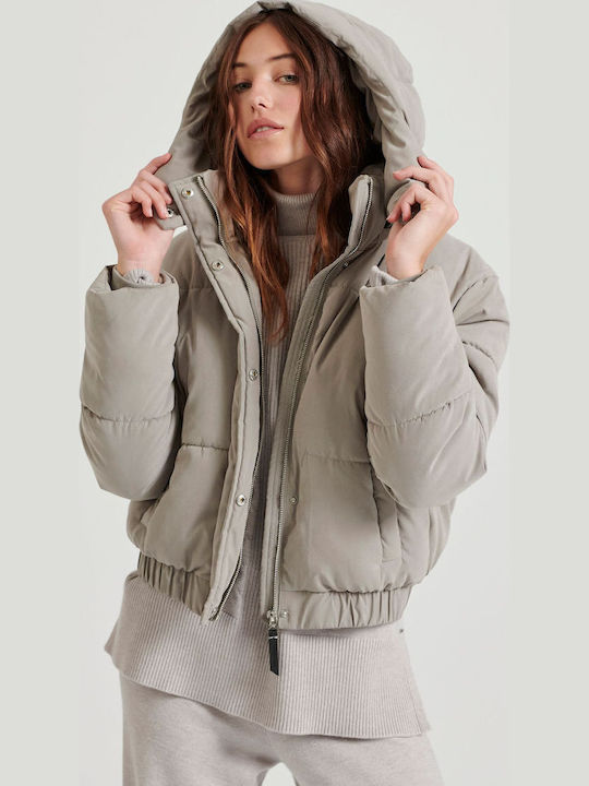 Women's Short Puffer Jacket for Winter with Hood Gray
