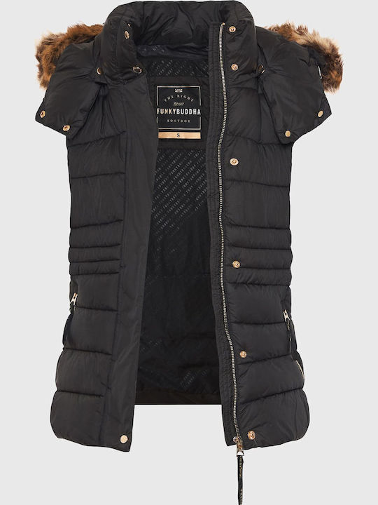 Women's Short Puffer Jacket for Winter with Detachable Hood Black