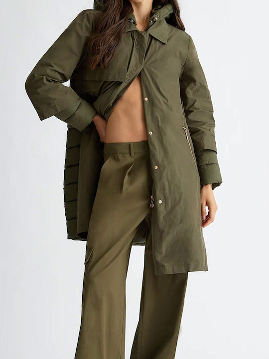 Imbottito Women's Long Puffer Jacket for Winter Khaki