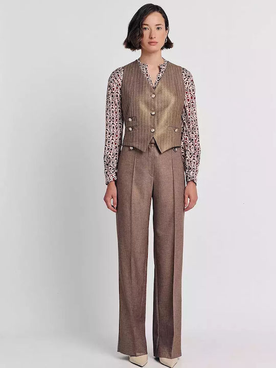 Forel Women's High-waisted Fabric Trousers in Straight Line Brown-bronze