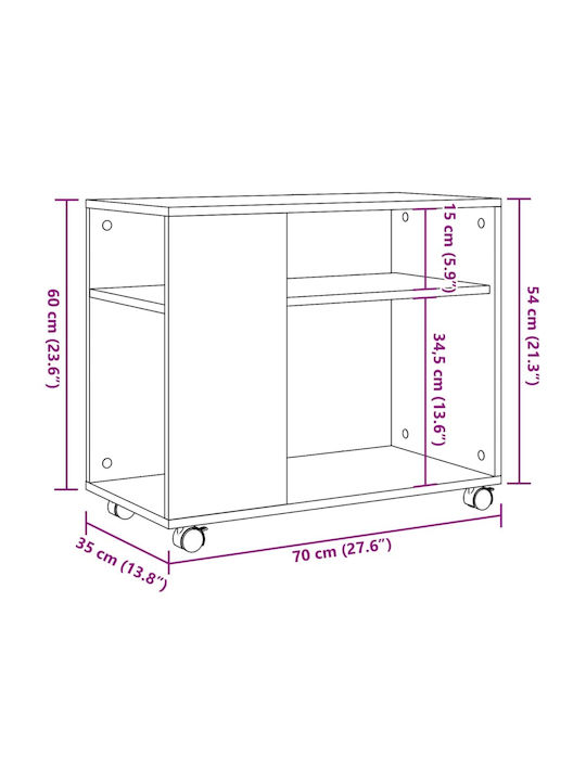 Rectangular Side Table Wooden with Wheels White M70xW35xH60cm