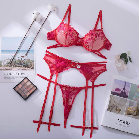La Lolita Amsterdam Sexy Σετ Εσωρούχων με Διαφάνεια & Ζαρτιέρες Κόκκινο 3τμχ