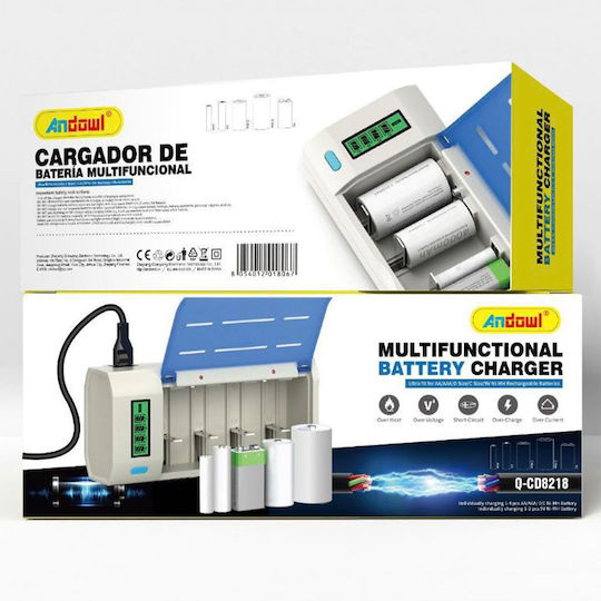 Andowl Q-CD8218 Charger 4 Batteries Ni-Cd/Ni-MH Size AA/AAA/9V/D