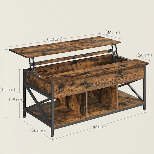 Rechteckiger Zentraler Kaffeetisch Holz mit Hebemechanismus Metall M120xB60xH48cm