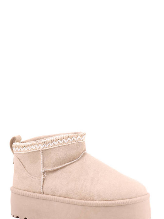 Beige flache Fell Boho Stiefeletten mit Stickerei