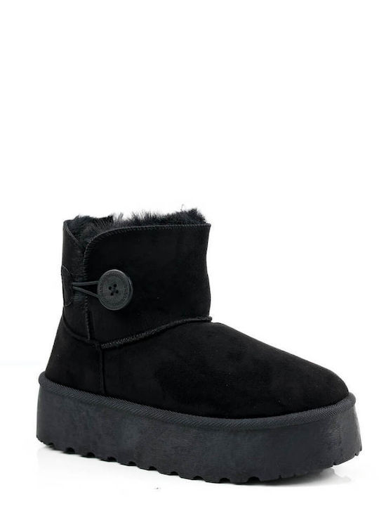 Black Flat Ankle Boots with Fur Decorative Buckle