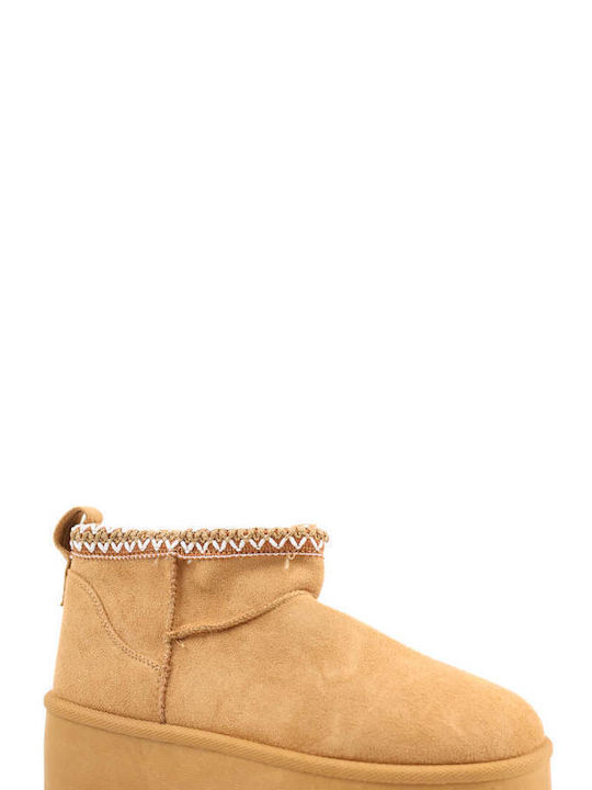 Tan Flat Fur-Lined Boho Stitching Ankle Boots