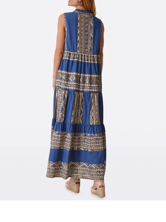 Greek Archaic Kori Summer Maxi Dress Navy Blue/Gold