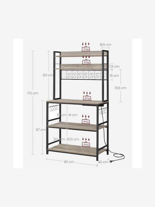 Vasagle Raft De Bucătărie Metalic Cu 5 Locuri Gri 80x40x170cm