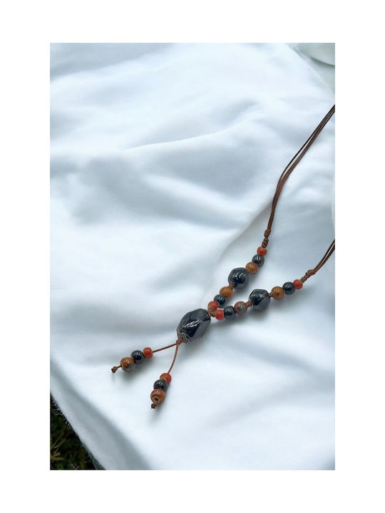 Necklace with Ceramic Black Brown Red Beads Bohemian Style