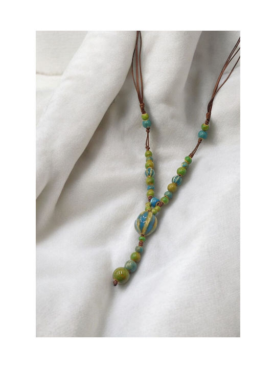 Necklace with Green and Blue Ceramic Beads Bohemian Style