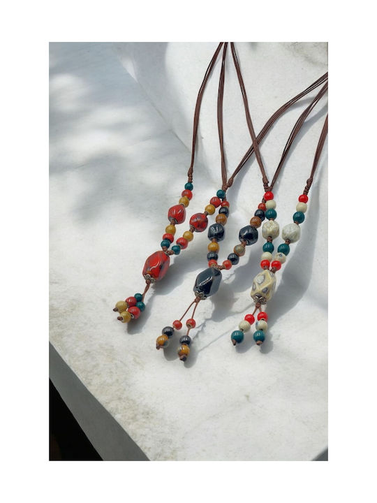 Necklace with Red, Green, Yellow Ceramic Beads Bohemian Style