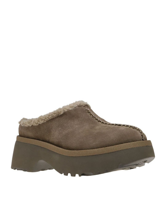 New Heights Cozy Clog Χειμερινές Γυναικείες Παντόφλες με Γούνα Καφέ