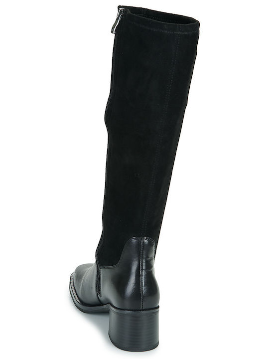 Leder Damenstiefel mit mittlerem Absatz Schwarz