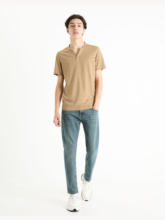 Celio T-shirt Bărbătesc cu Mânecă Scurtă cu Decolteu în V Light Taupe