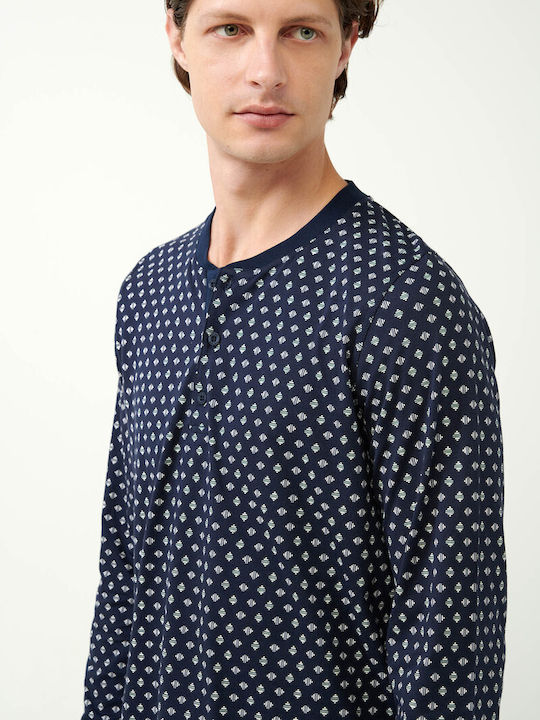 Vamp Men's Cotton Pyjamas with Button Placket & Subtle Design Blue