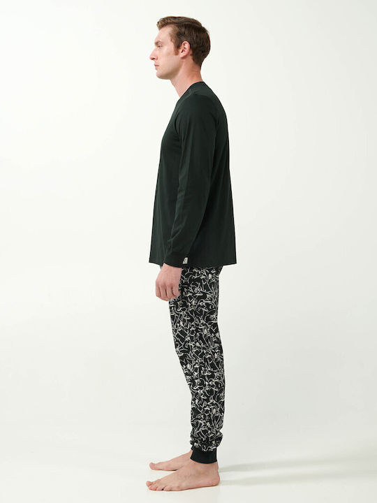 Vamp Men's Cotton Pajamas V-Neck Solid Color & Patterned Pants Sizes Up to 5 XL Green Deep Forest