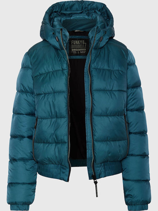 Women's Short Puffer Jacket for Winter with Hood Green