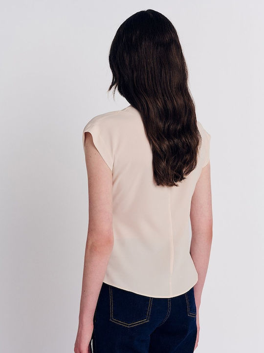 Women's Blouse Short Sleeve with V Neckline Beige