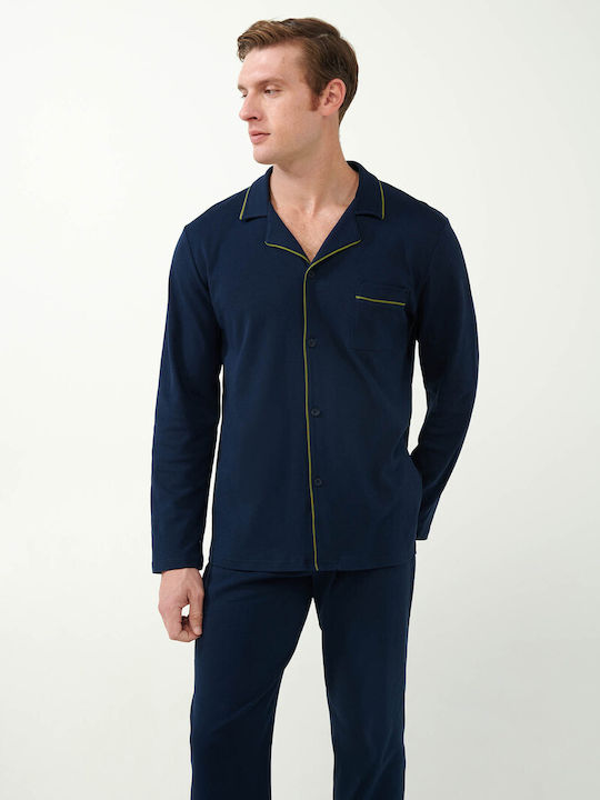 Vamp Men's Classic Cotton Solid Buttoned Pyjamas Blue