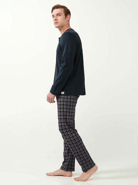 Vamp Men's Cotton Pyjamas with Placket & Checkered Pants Dark Grey