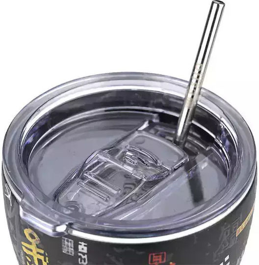Estia Coffee Mug Save The Aegean Recyclable Glass Thermos Stainless Steel BPA Free 350ml Black with Straw